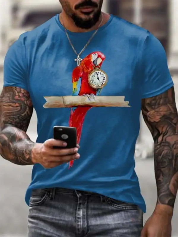 Men's 5 O'clock Parrot Printed Round Neck T-Shirt