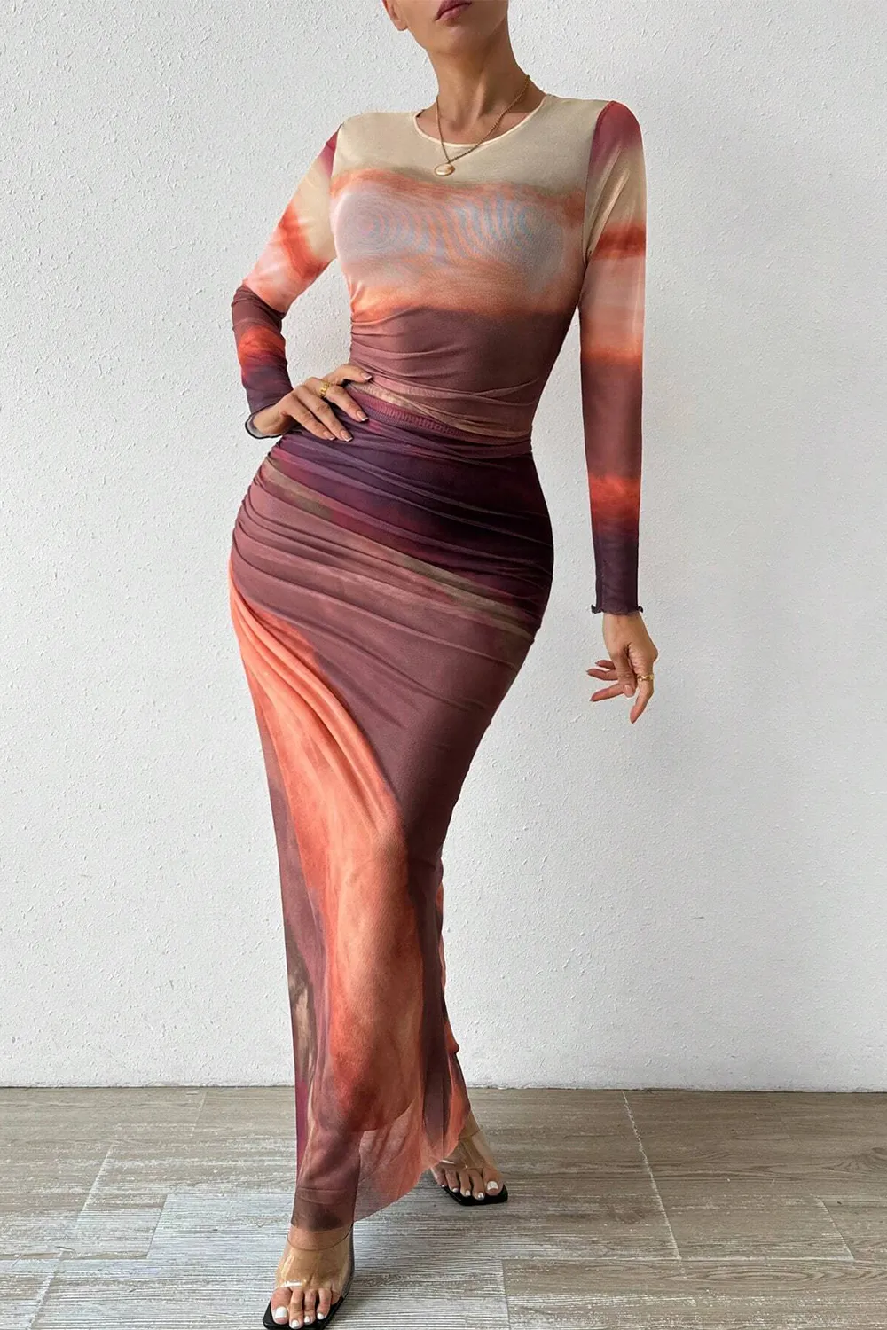 Women's Tie Dye Long Sleeve Pleated Dress Multicolor