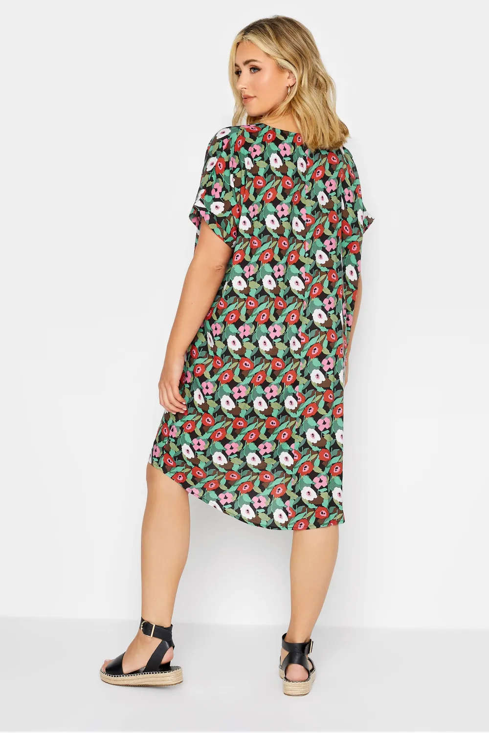 YOURS Curve Black Floral Print Dipped Hem Shift Dress