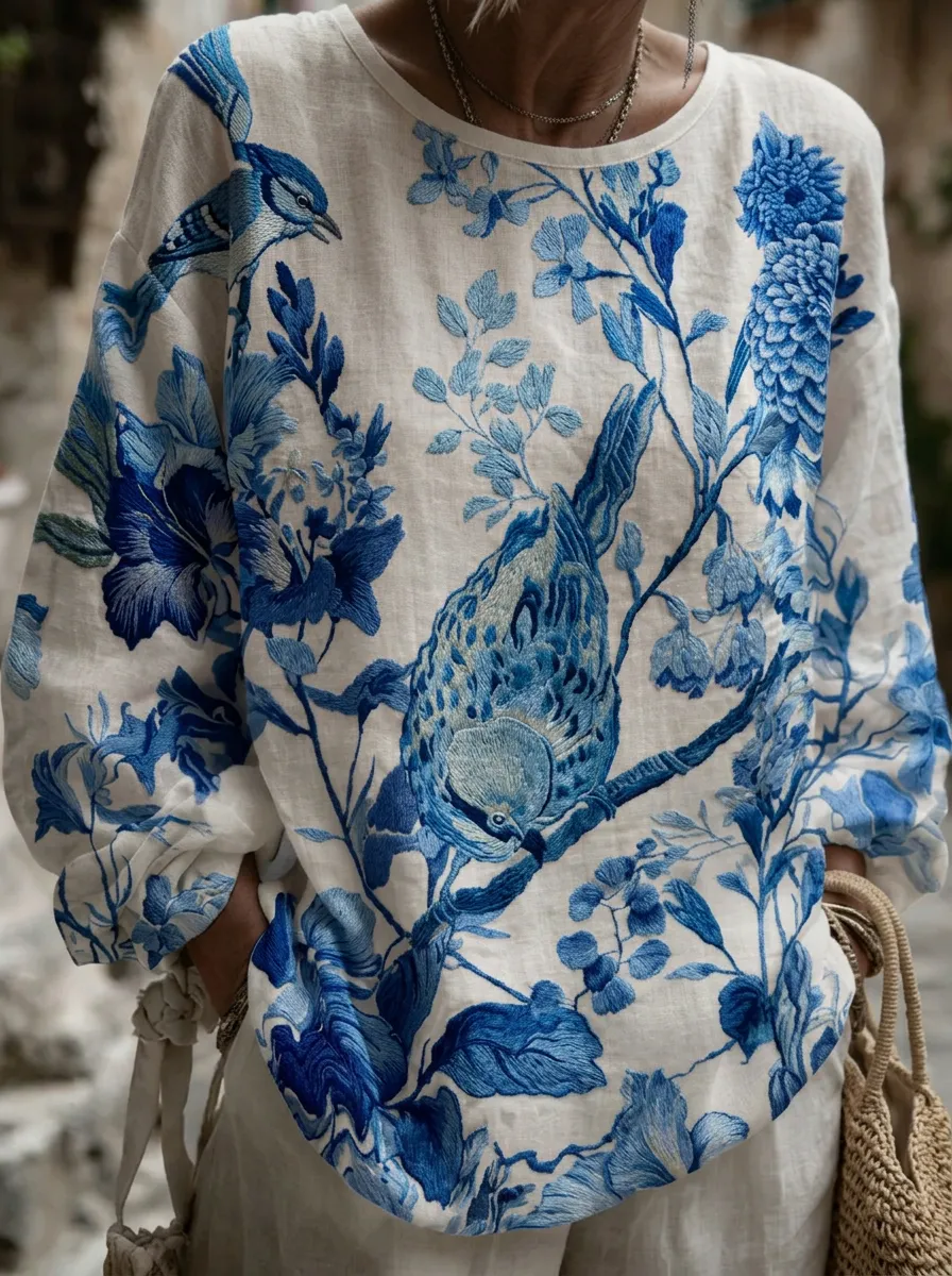 Women's Nashville Blue Bird Floral Botanical Printed Top