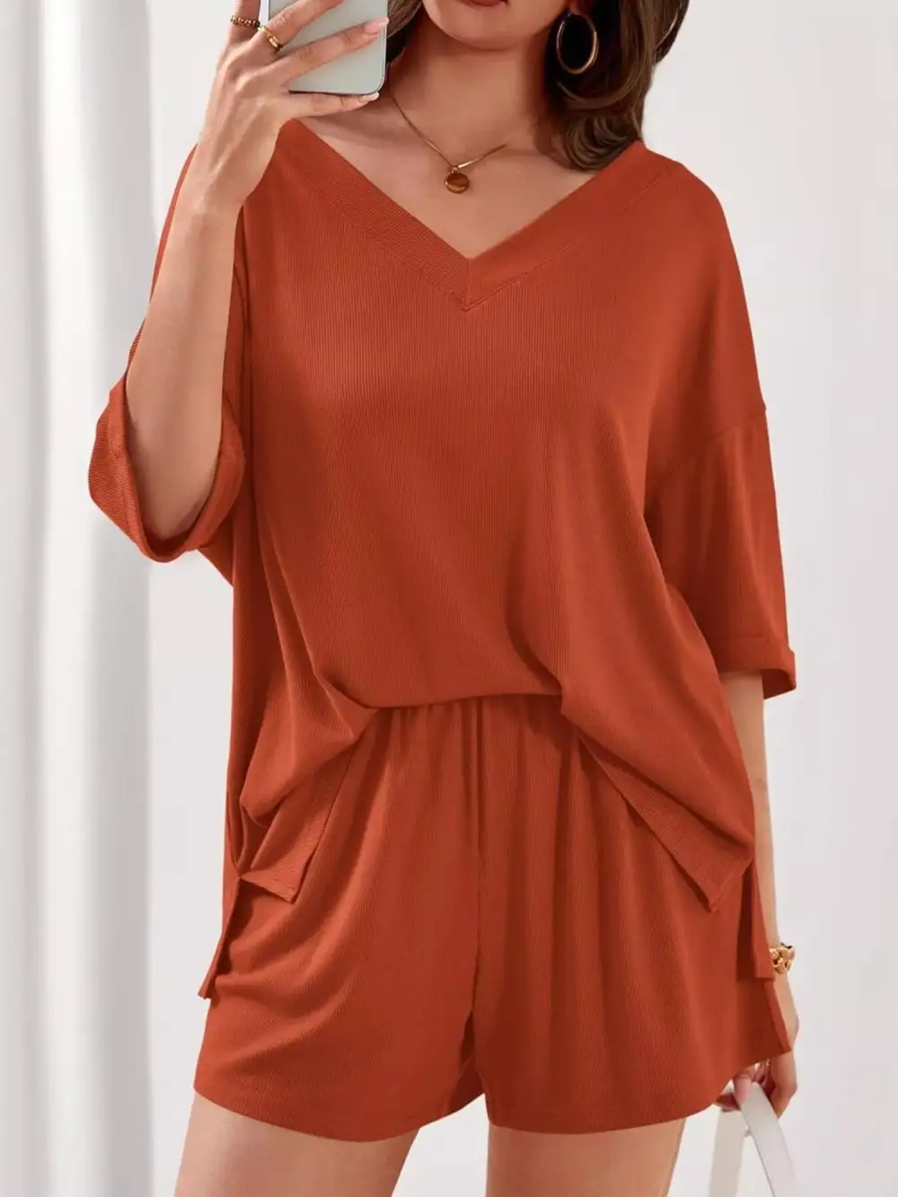 Casual V Neck Top Shorts Set