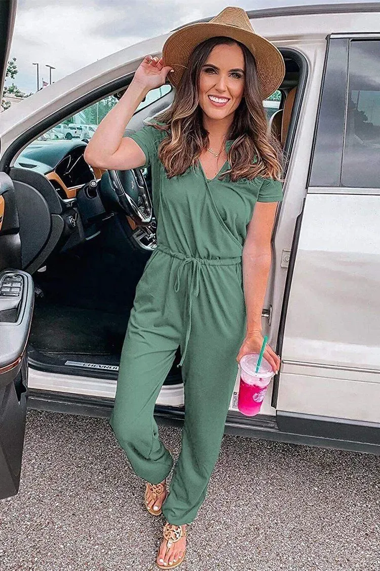 Deep V Neck Wrap Drawstring Waist Jumpsuit