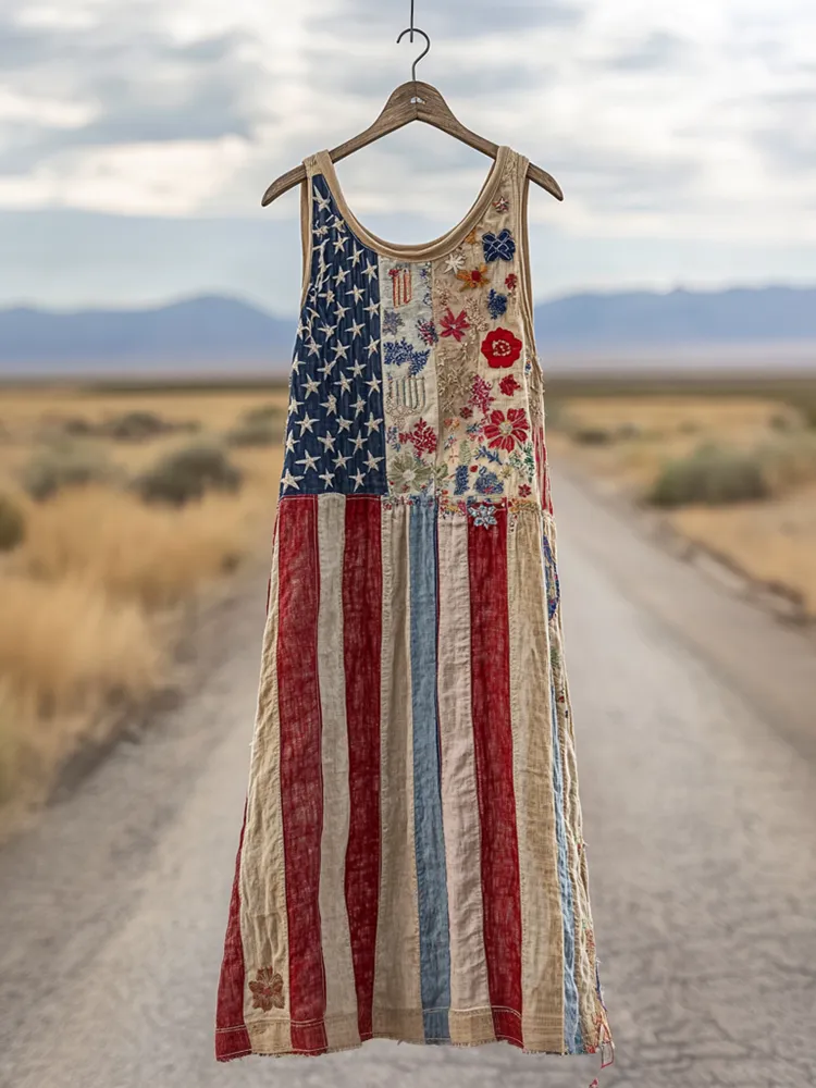Women's Independence Day American Flag With Floral Pattern Art Print Cotton And Linen Dress