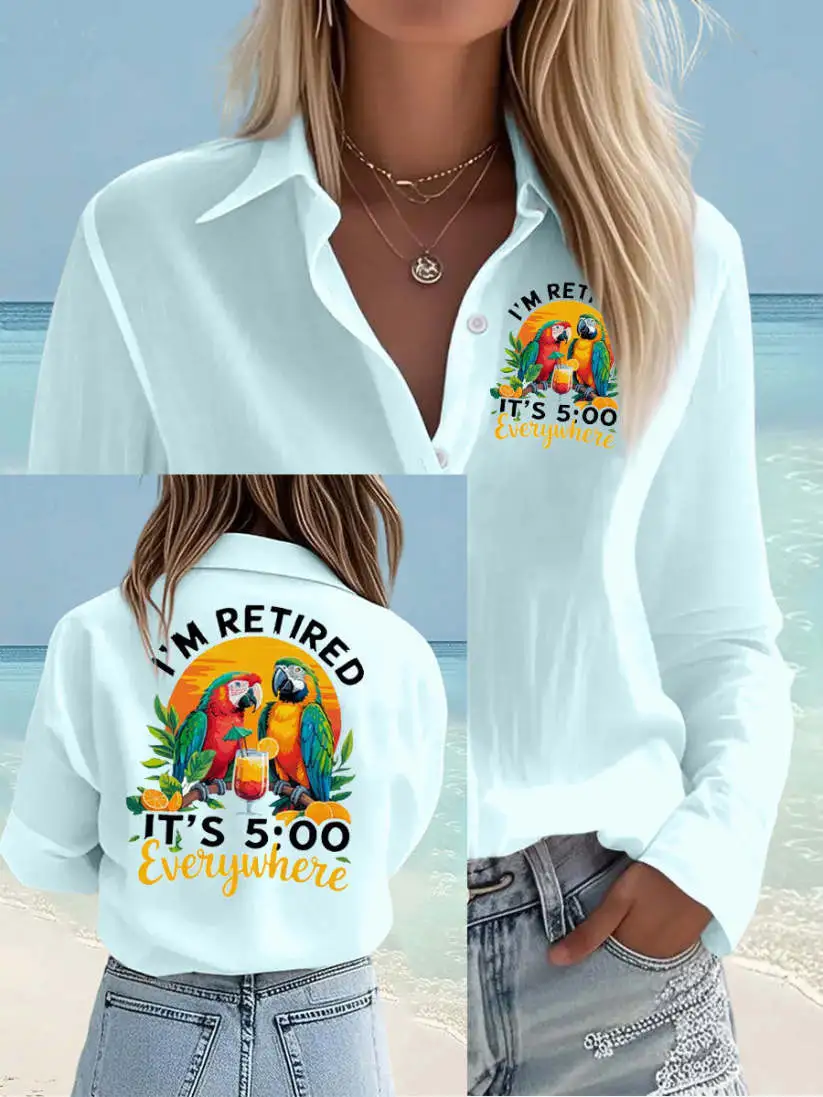 Women's I'm Retired It's 5 O'clock Everywhere Parrot Print Casual Shirt