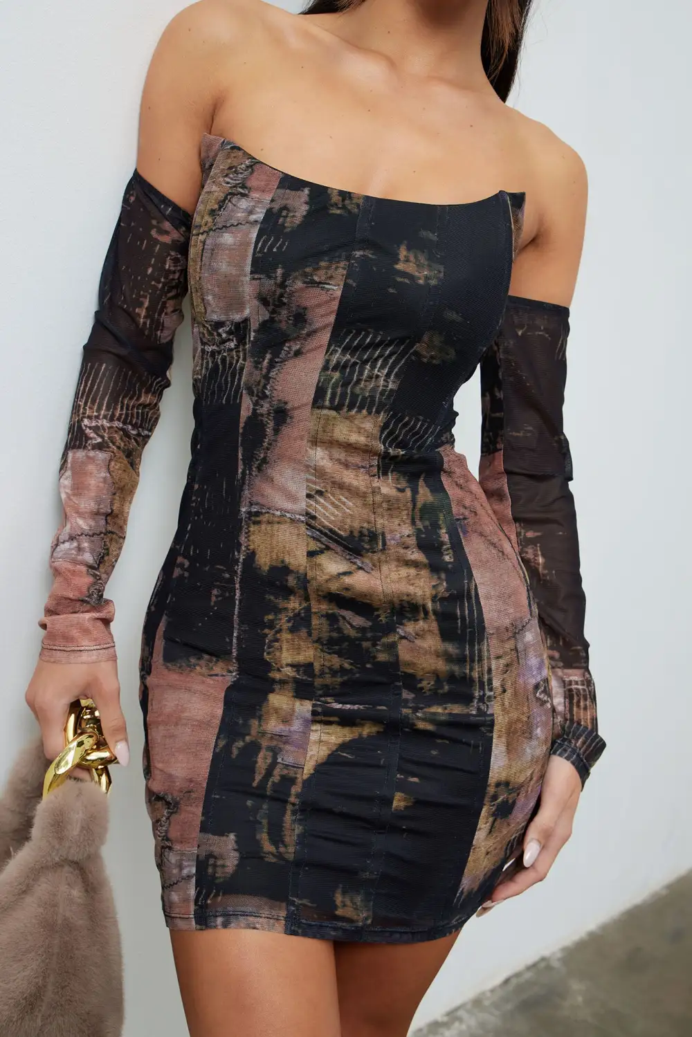 Crystal Mesh Mini Dress - Brown Combo