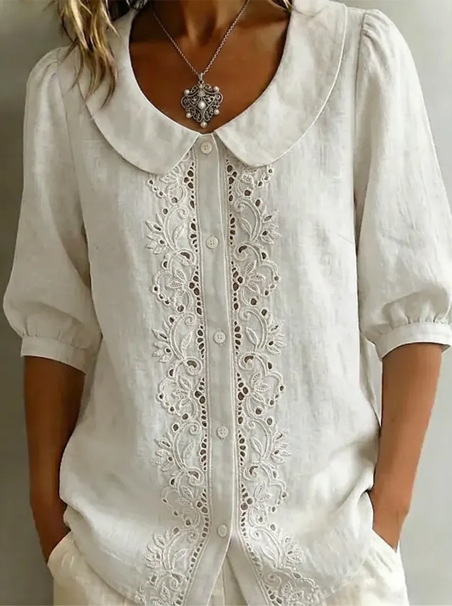Women's Nashville Floral Embroidery Peter Pan Collar Buttoned Shirt