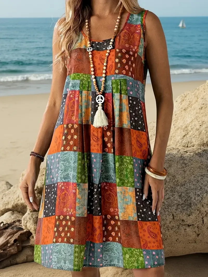 Women's Plus Size Boho Chic Floral Print Dress - Round Neck, Sleeveless A-Line Flowy Dress with Tassel Detail & Beaded Necklace Accessory, Lightweight Polyester Blend for Spring/Fall, Relaxed Fit Clothing | Boho Chic Dress | Woven Fabric Dress, Cute Dress