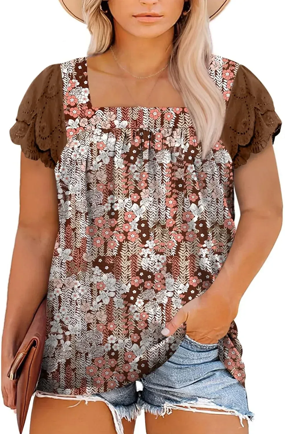 Eytino Womens Plus Size Tops Ruffle Short Sleeve Square Neck Summer Loose Casual Tee Shirts(1X-5X)