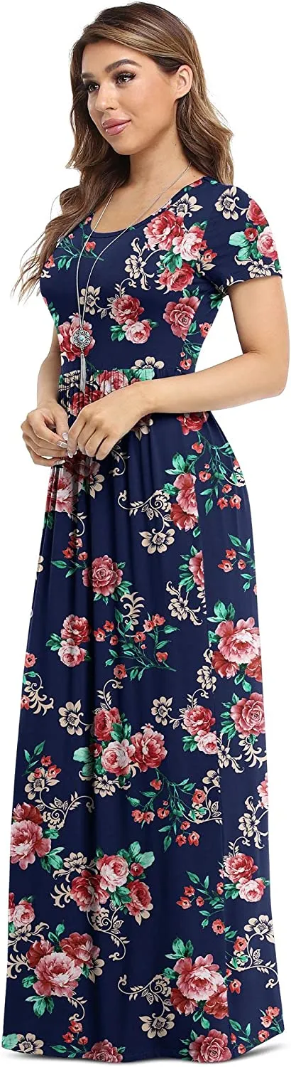 Women's Short Sleeve Loose Plain Maxi Dresses Casual Long Dresses with Pockets