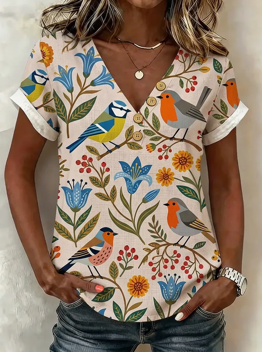 Women's Nashville Nature Lover Bird and Floral Printed V-neck Top