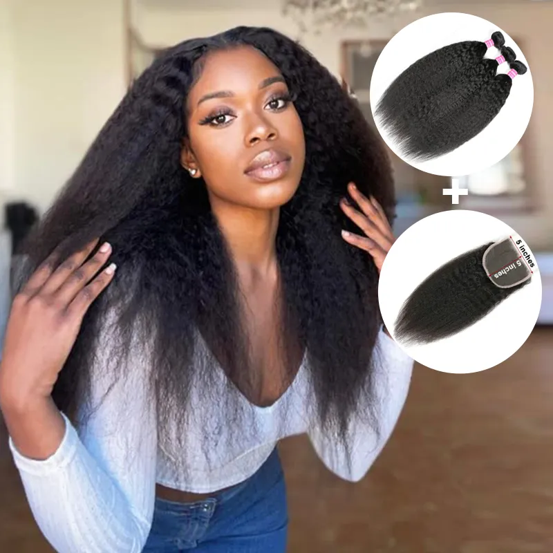 Sterly Kinky Straight Human Hair Bundles With 5x5 Lace Closure