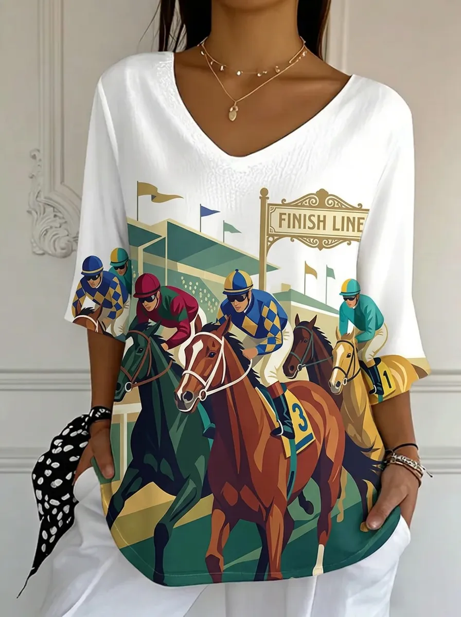 Women's Horse Racing Lover Finish Line Printed V-neck Top
