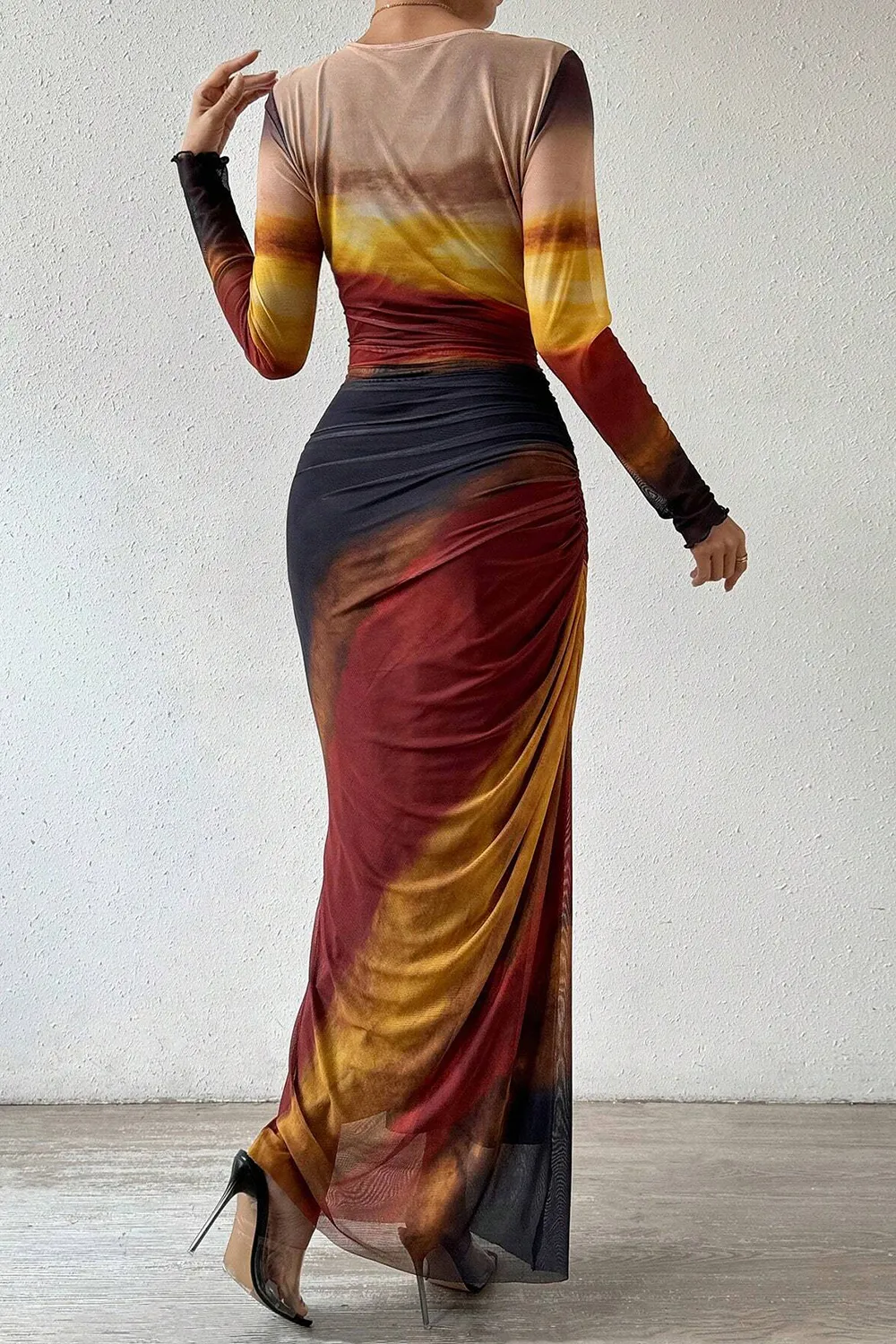 Women's Tie Dye Long Sleeve Pleated Dress Multicolor