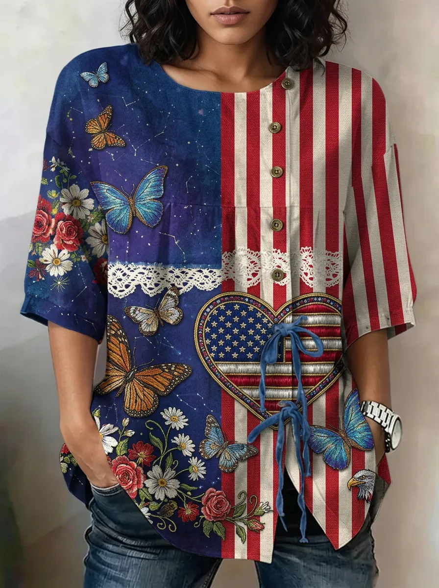 Women's Nashville USA Flag Butterfly Floral Printed Button-Up Shirt