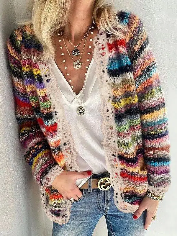 Color Stripes Knit Sweater Cardigan