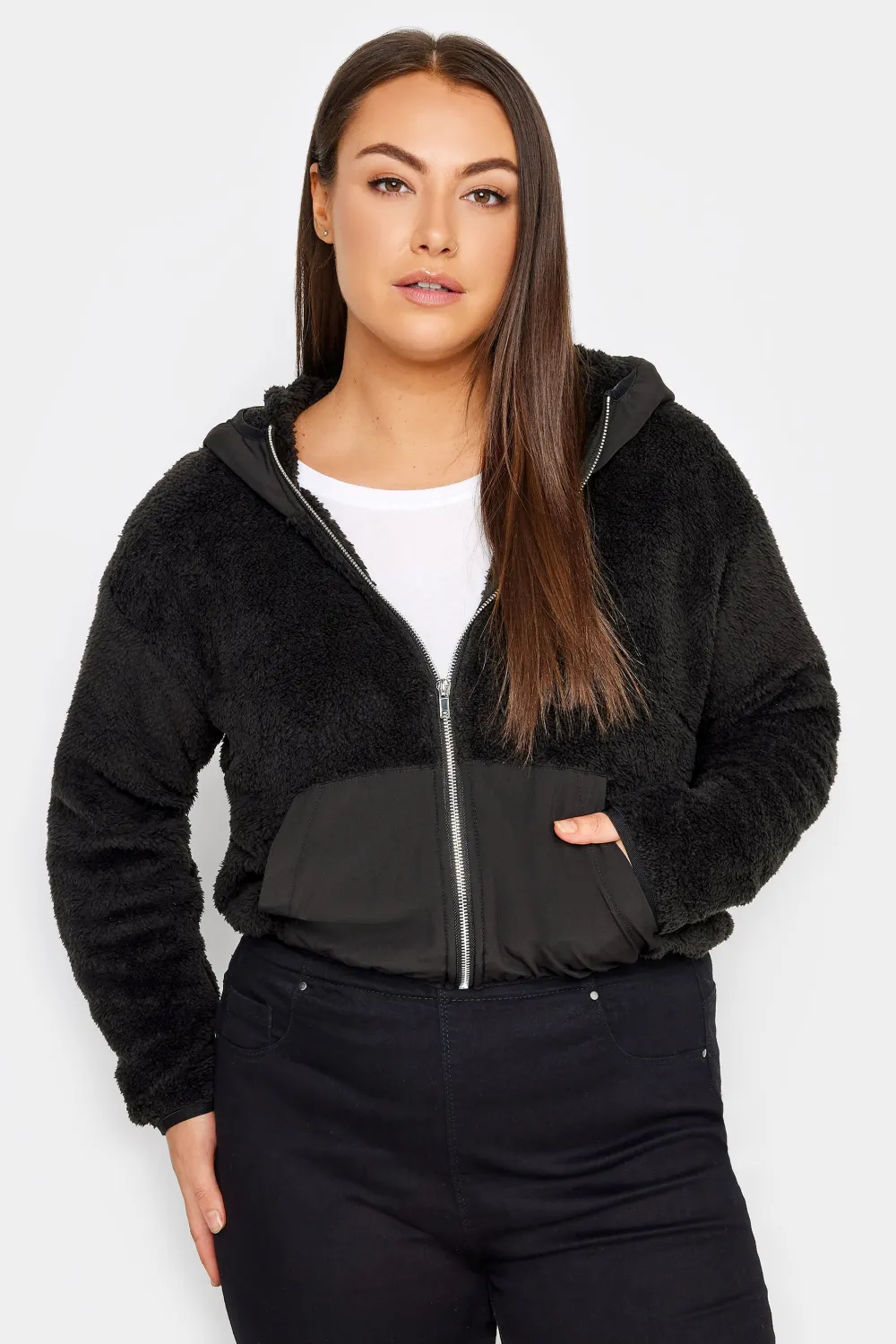 Evans Black Crop Teddy Jacket