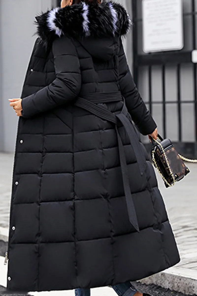 Hooded Fur Collar Belt Plain Coat