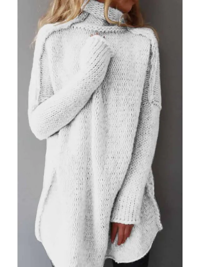 Women's Pullover Sweater Jumper Turtleneck Chunky Crochet Knit Knit Fall Winter Tunic Home Daily Basic Casual Soft Long Sleeve Solid Color Black White Light Grey S M L