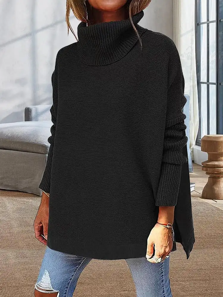 Midi Bat Sleeve Hem Tunic Sweater Knitted In A Turtleneck Sweater