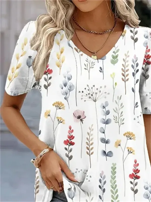Women's T shirt Tee White Light Green Pink Floral Print Short Sleeve Holiday Weekend Basic V Neck Regular Floral Painting S