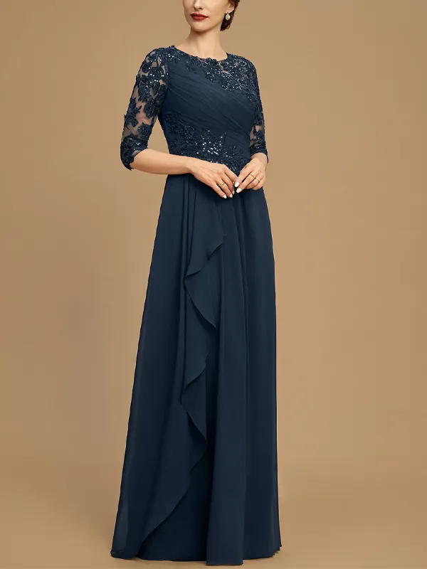 Round Neck Lace Solid Color Mesh Maxi Dress