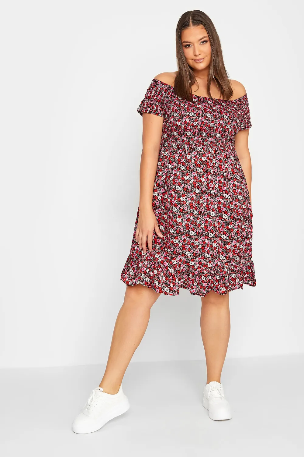 YOURS Curve Pink Floral Shirred Bardot Mini Dress