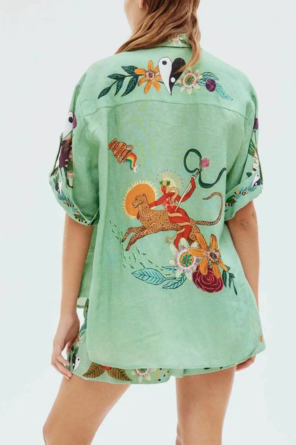 unique ethnic print loose shirt and shorts two piece set