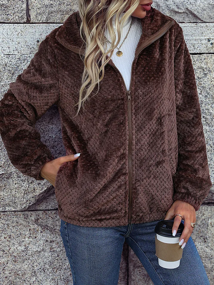 Casual Solid Color Plush Warm Long-Sleeved Coat