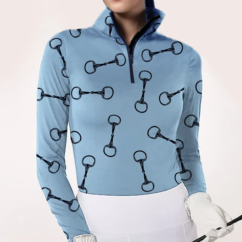 Women's Riding Style Horse Bibs Print Long Sleeve Casual Shirt