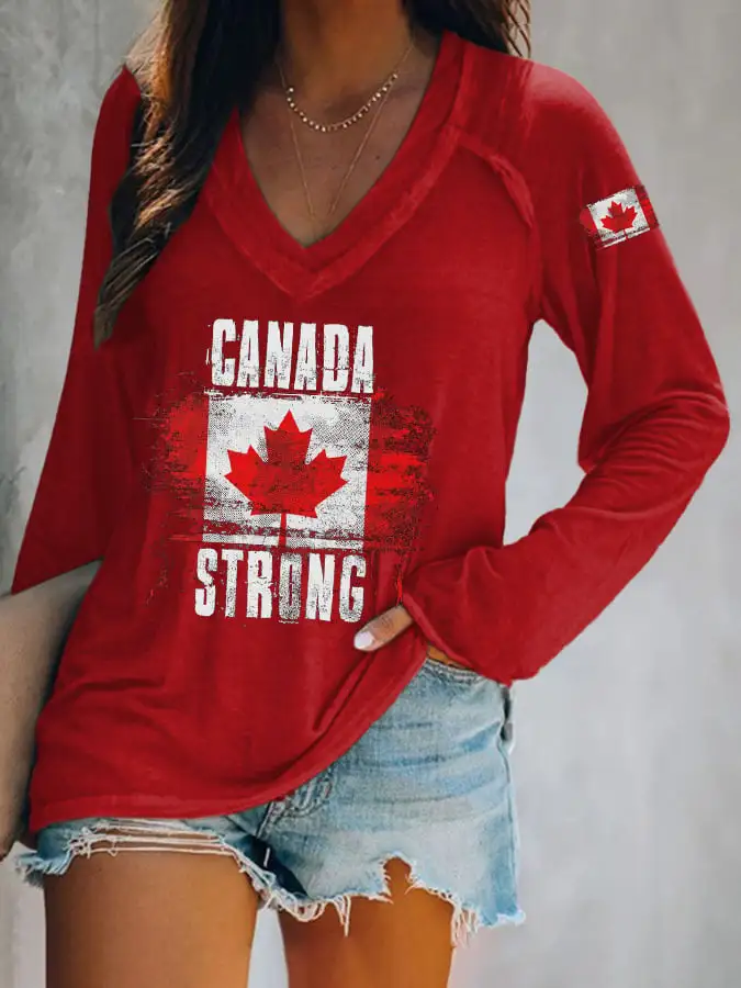Women's Canada Strong Maple Leaf Flag Print V-Neck T-Shirt