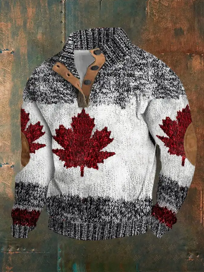 Men's Canadian Maple Leaf Print Stand Collar Button-Down Sweatshirt
