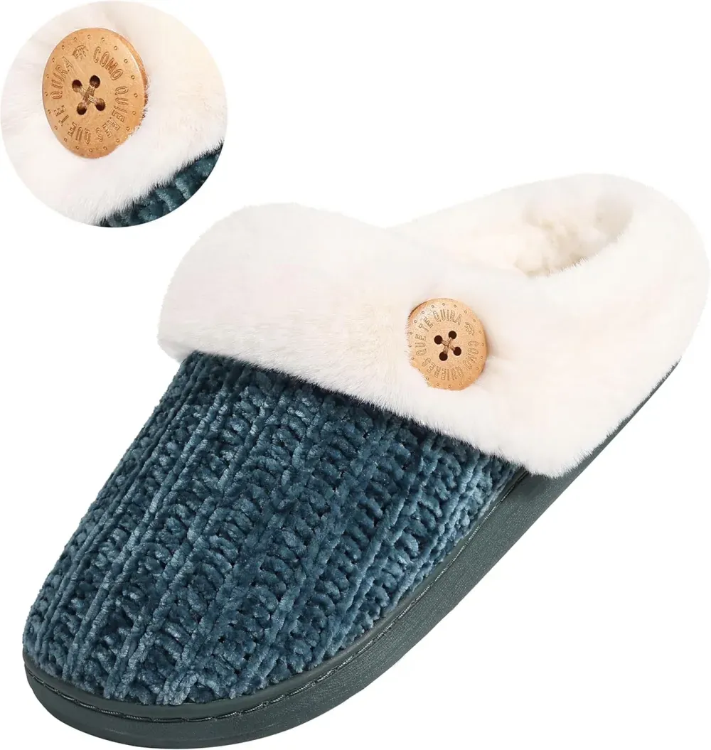 Warm Knit House Slippers for Women Comfy Wool-Like Lined Chenille Slippers with Memory Foam and Indoor Outdoor Soles