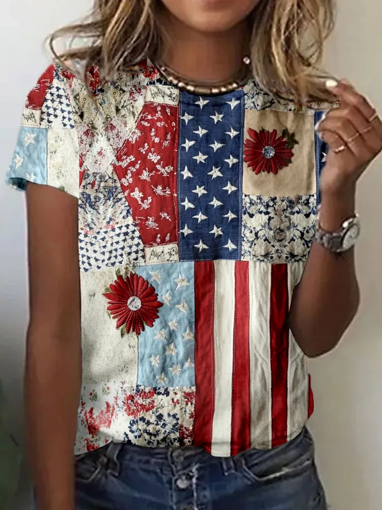 Independence Day Flag & Flowers Embroidered Comfy T Shirt