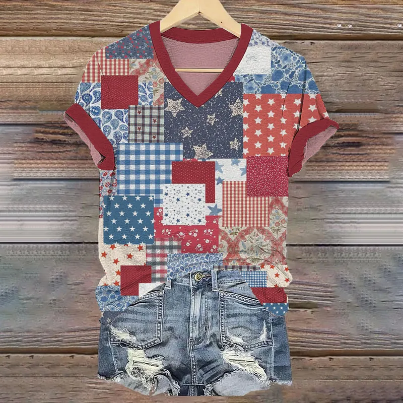 Women's Vintage Independence Day Floral Graphic V-neck T-shirt