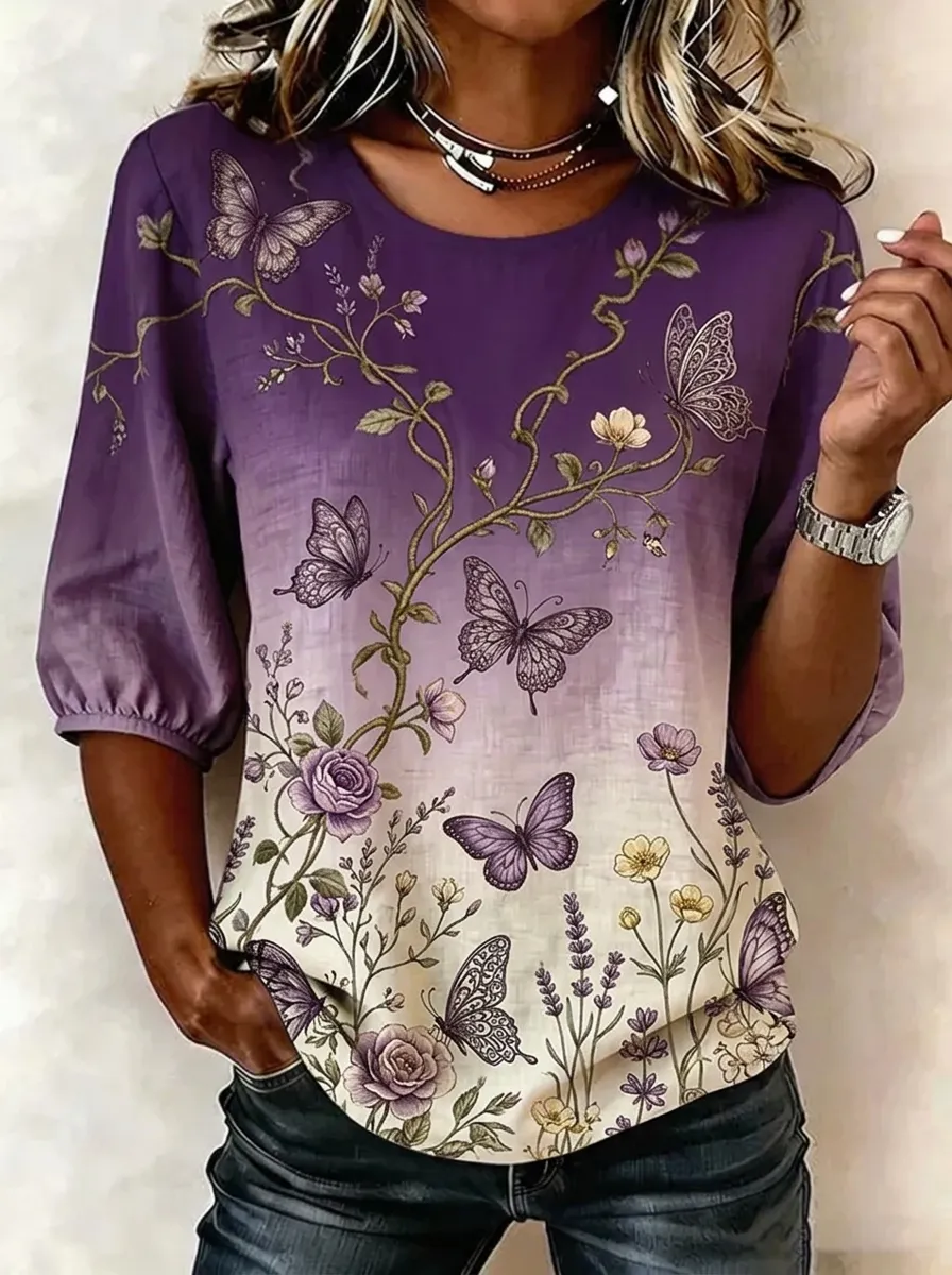 Women's Nashville Butterfly Floral Printed Casual Top