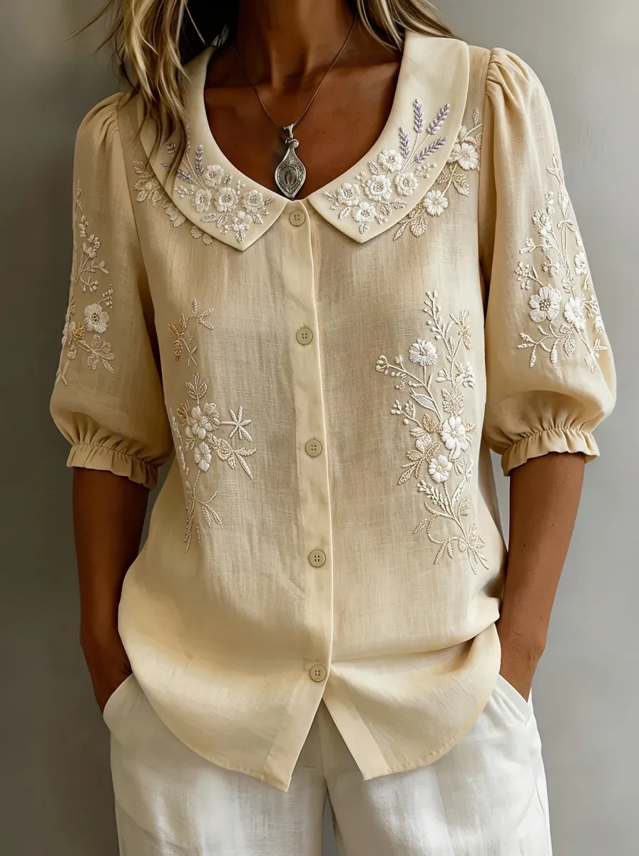 Women's Nashville Floral Embroidery Peter Pan Collar Printed Shirt