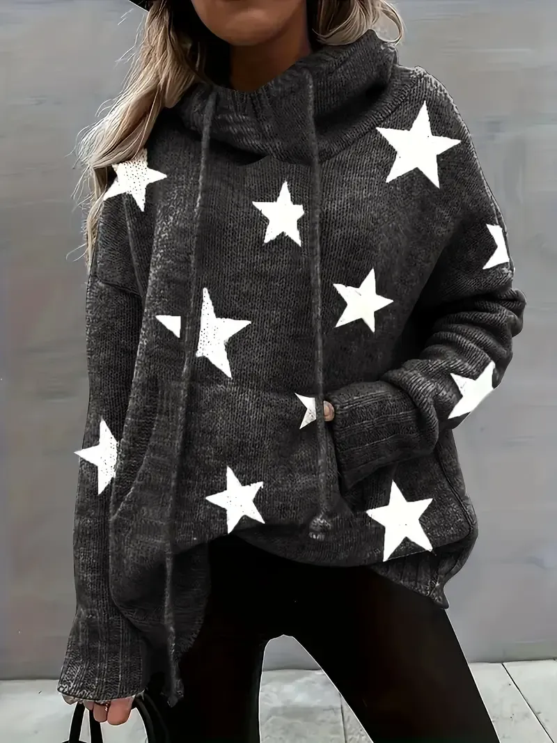 Plus Size Casual Sweater, Women's Plus Star Print Long Sleeve Drawstring Hoodie Sweater With Pockets