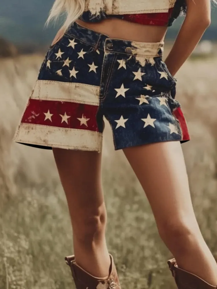 Women's Patchwork Independence Day America Flag Art Casual Denim Shorts