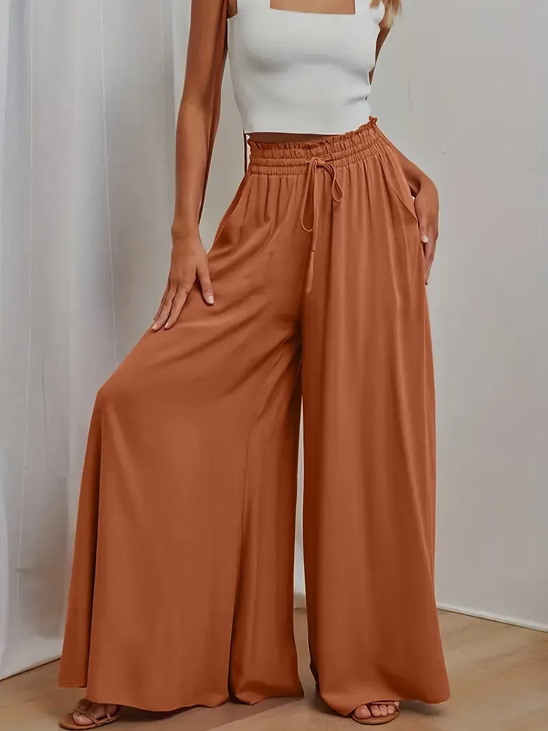 Women's Wide Leg Palazzo Pants, Flowy Ruffle Solid Pants - Comfortable, Breathable Fabric - For Casual & Formal Occasions - Perfect Gift for Women