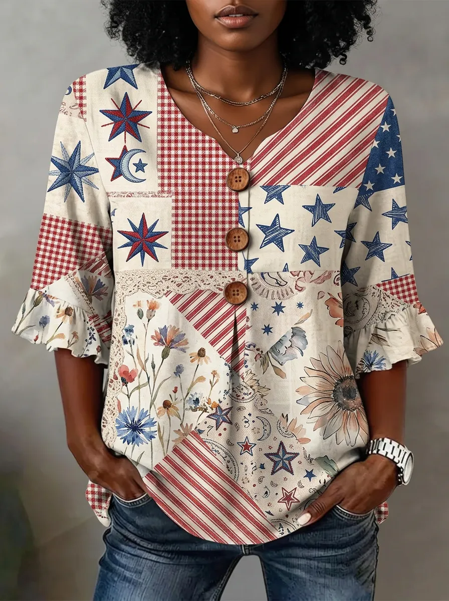 Women's Nashville Patriotic Star Sunflower Printed Button V-Neck Top