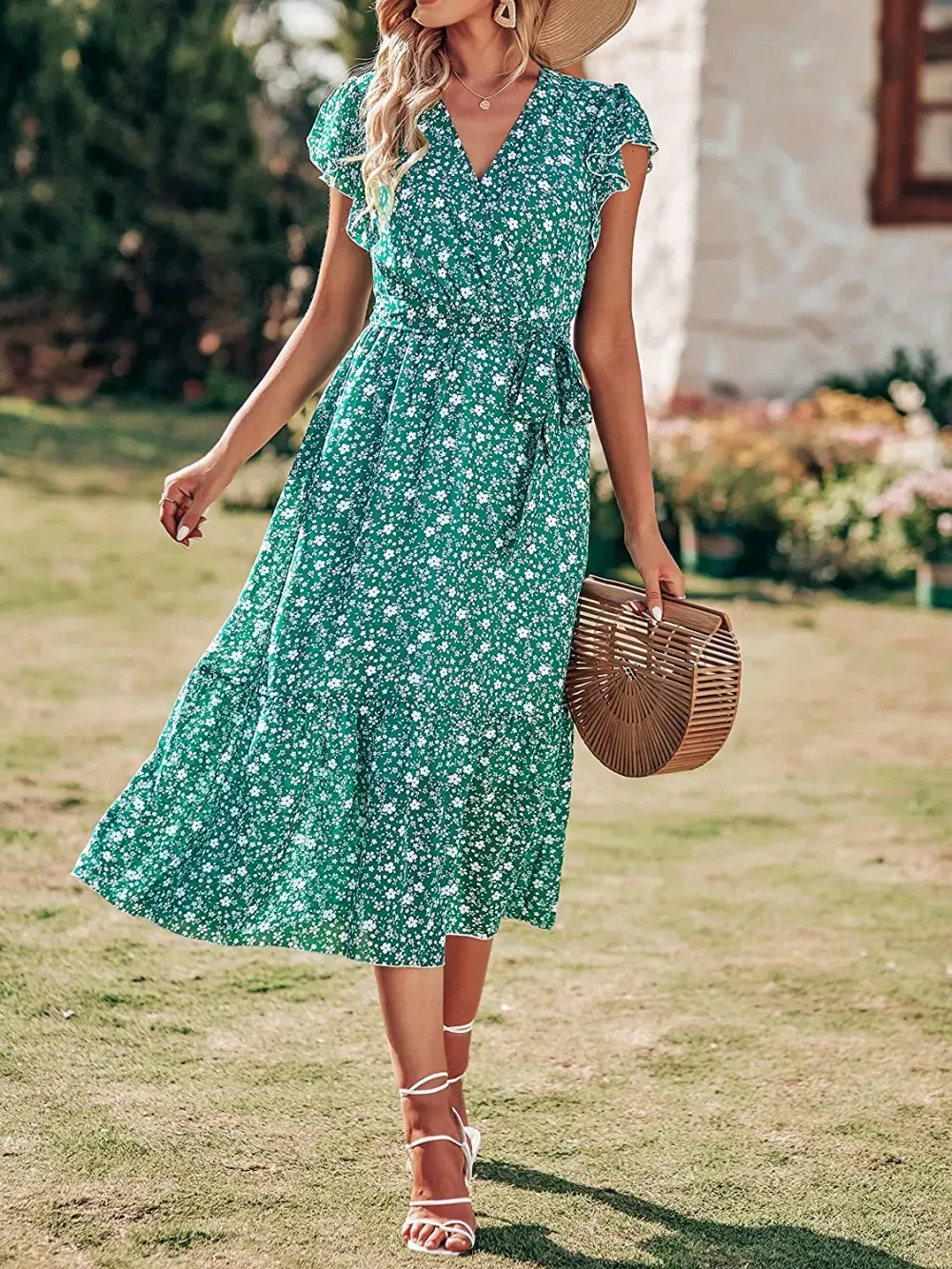 Women Summer Bohemian Floral Casual Wrap V Neck Ruffle Cap Sleeveless Belt A-Line Pleated Hem Swing Midi Sun Dress