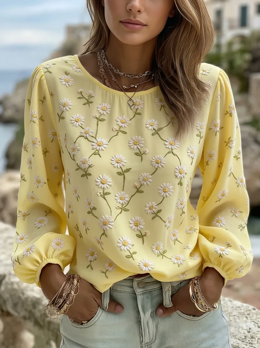 Women's Nashville Daisy Floral Embroidered Printed Top
