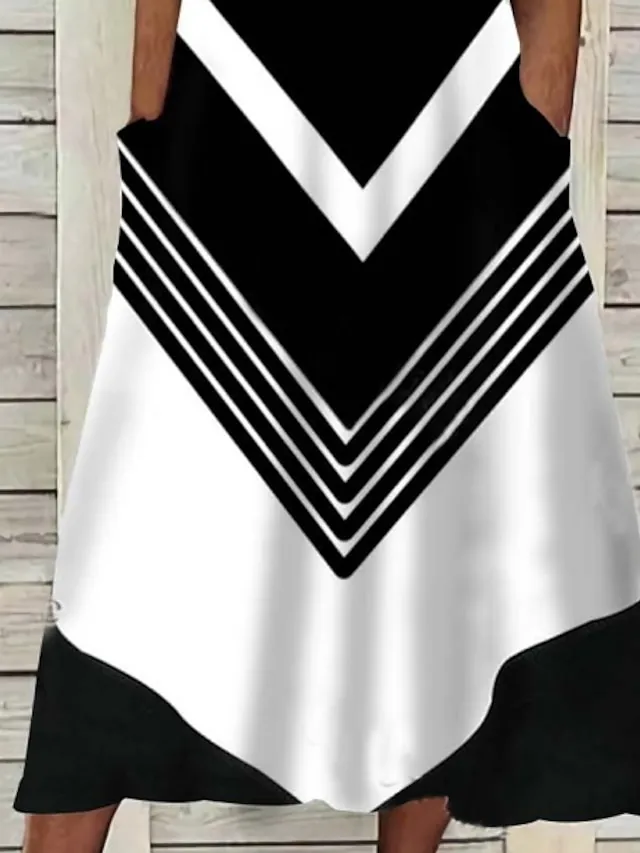 Women's Casual Dress Shift Dress Midi Dress Black and white stripes Green Dark Blue Half Sleeve Color Block Button Summer Spring V Neck Basic Vacation 2023 S M L XL XXL 3XL