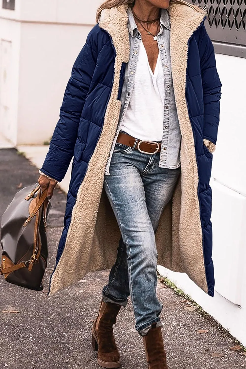 Women's 2023 Warm Winter Coats Reversible Sherpa Fleece Long Hooded Puffer Jackets Outerwear