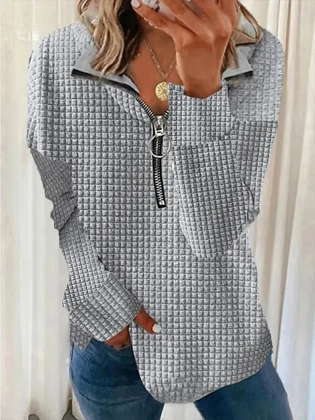 Women's Sweatshirt Pullover Textured Basic Quarter Zip Black White Blue Solid Color Street Casual V Neck Long Sleeve Top Micro-elastic Fall & Winter