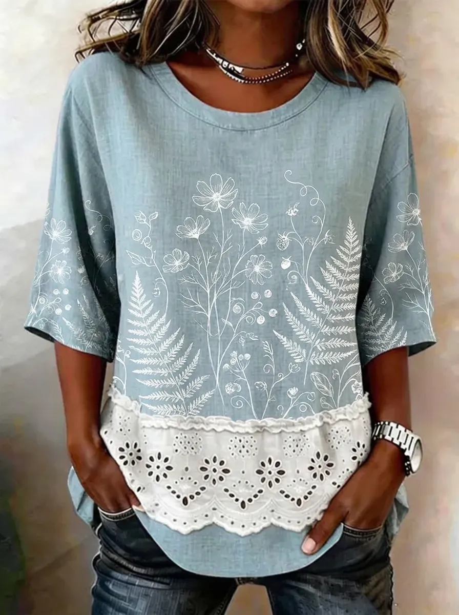 Women's Nashville Botanical Fern Floral Printed Lace Trim Top