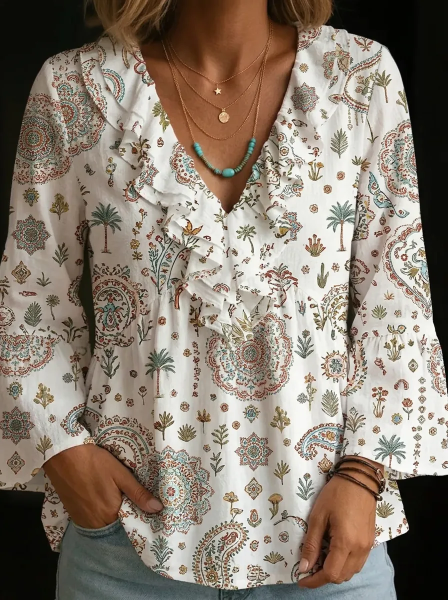 Women's Nashville Boho Paisley Palm Printed Ruffle Top
