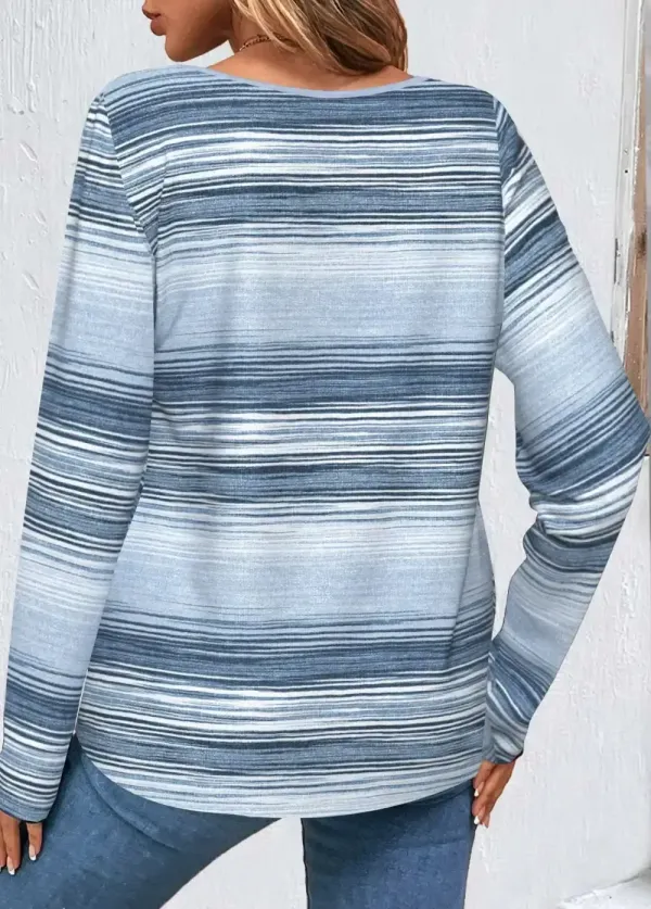 Blue Button Striped Long Sleeve Round Neck T Shirt