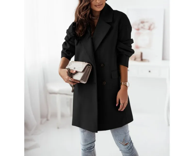 Long Sleeve Suit Collar Double Breasted Woolen Coat