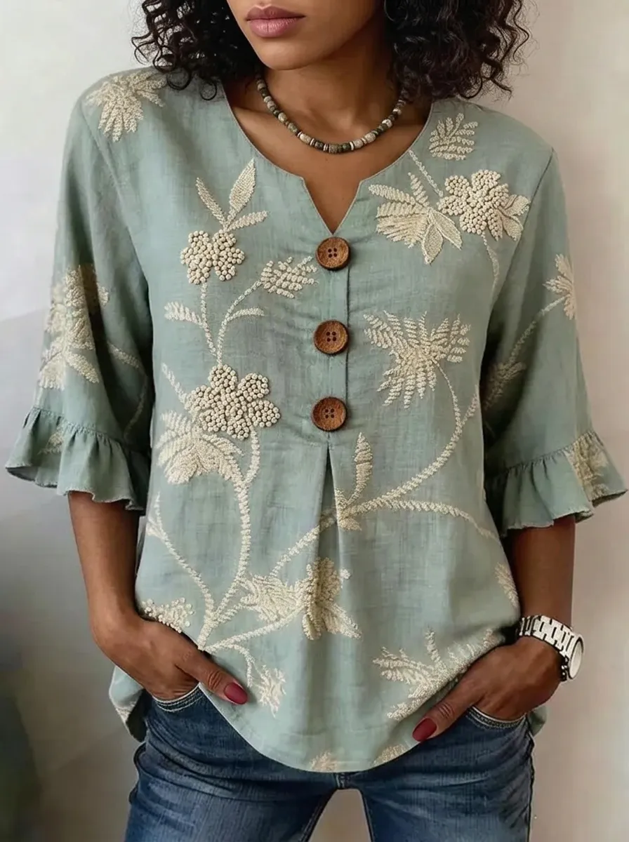 Women's Nashville Floral Embroidered Button-Down Ruffle Sleeve Top